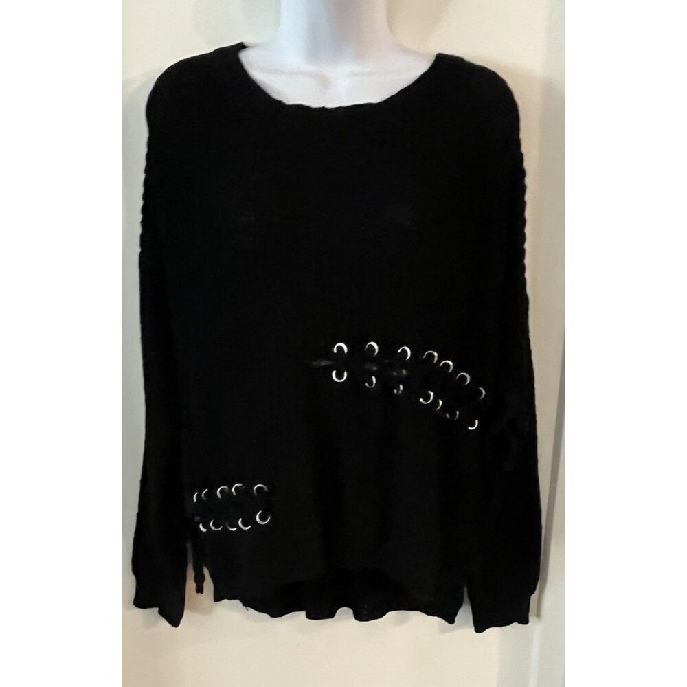 Forever 21 Black Open Knit, Eyelet Lace-Up Round Neck Pullover Sweater Sz M NWT!